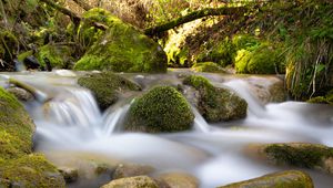 Preview wallpaper river, stream, stones, moss, water, long exposure