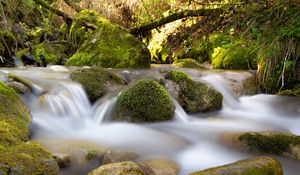 Preview wallpaper river, stream, stones, moss, water, long exposure