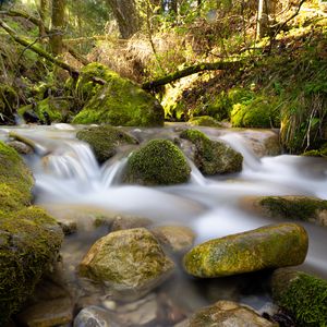 Preview wallpaper river, stream, stones, moss, water, long exposure