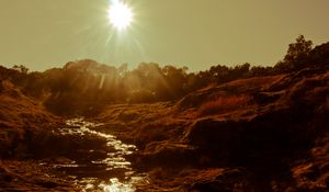 Preview wallpaper river, stream, sunset, sun