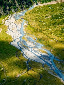 Preview wallpaper river, streams, meadow, grass, landscape, aerial view