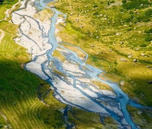 Preview wallpaper river, streams, meadow, grass, landscape, aerial view