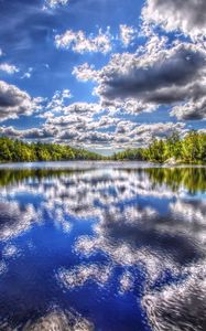 Preview wallpaper river, summer, trees, sky, clouds, hdr