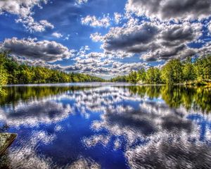 Preview wallpaper river, summer, trees, sky, clouds, hdr