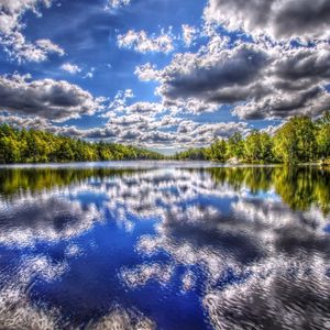 Preview wallpaper river, summer, trees, sky, clouds, hdr