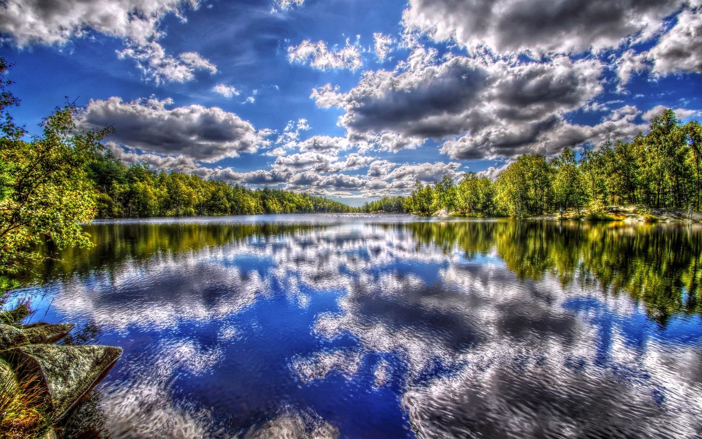 Download wallpaper 1440x900 river, summer, trees, sky, clouds, hdr ...