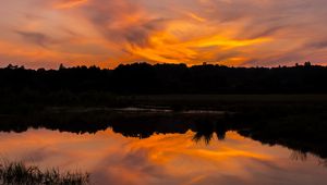 Preview wallpaper river, sunset, bushes, grass, silhouette, reflection