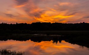 Preview wallpaper river, sunset, bushes, grass, silhouette, reflection