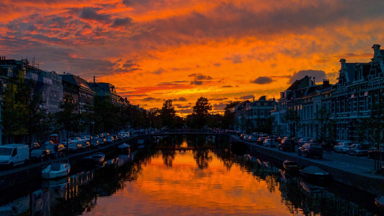 Wallpaper river, sunset, canal, city, netherlands