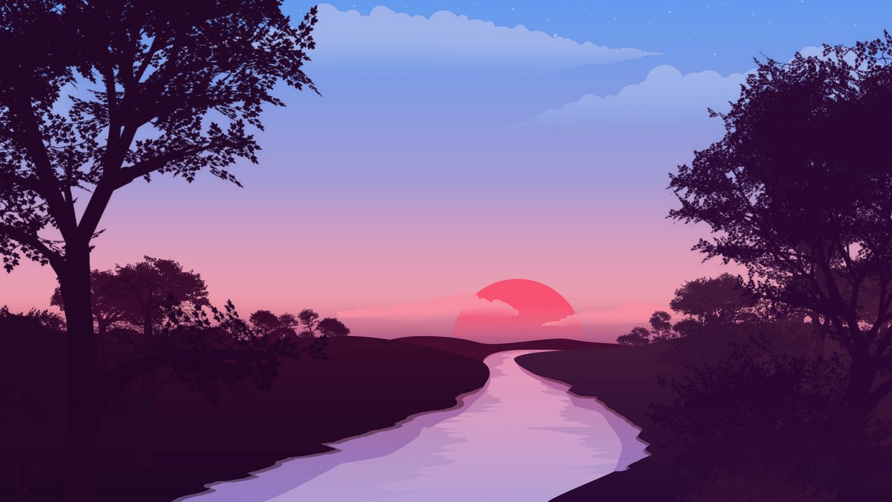 Wallpaper river, sunset, landscape, art