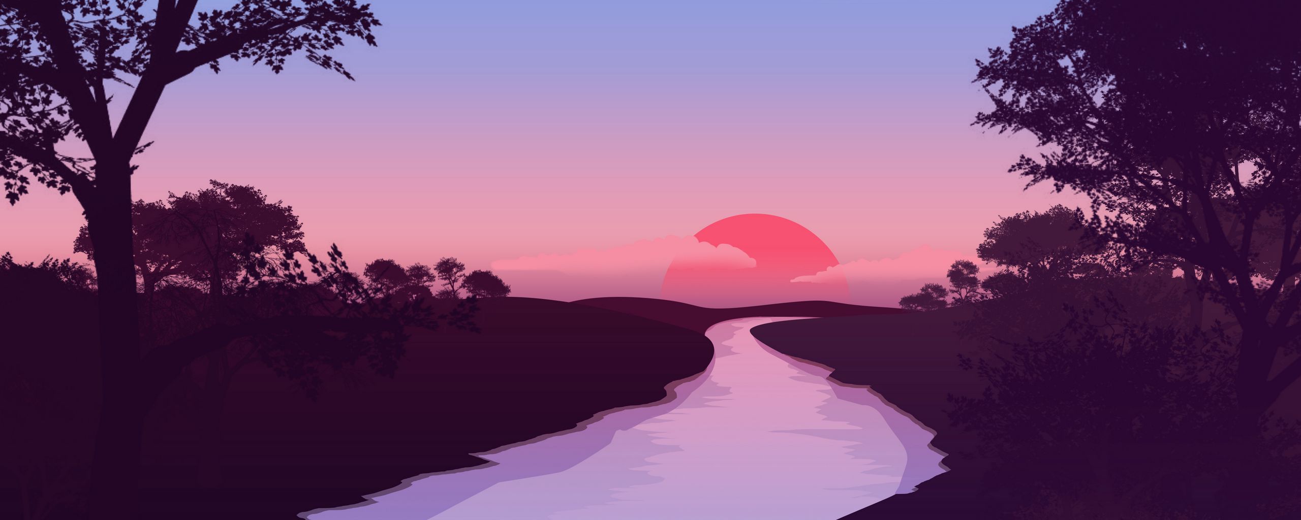 Download wallpaper 2560x1024 river, sunset, landscape, art ultrawide