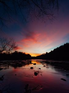 Preview wallpaper river, sunset, skyline, trees