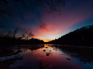 Preview wallpaper river, sunset, skyline, trees