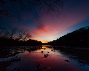 Preview wallpaper river, sunset, skyline, trees