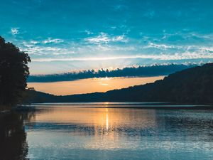 Preview wallpaper river, sunset, trees, clouds