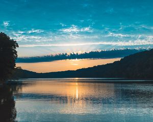 Preview wallpaper river, sunset, trees, clouds
