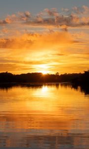 Preview wallpaper river, sunset, trees, silhouettes, clouds