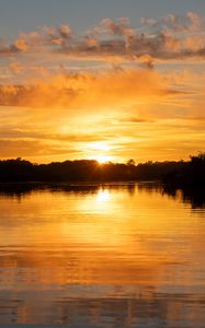 Preview wallpaper river, sunset, trees, silhouettes, clouds