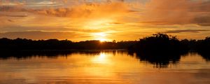 Preview wallpaper river, sunset, trees, silhouettes, clouds