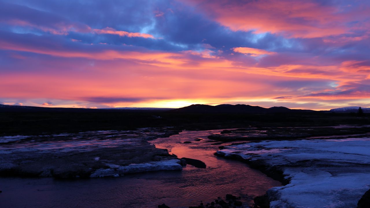 Wallpaper river, sunset, twilight, landscape, dark