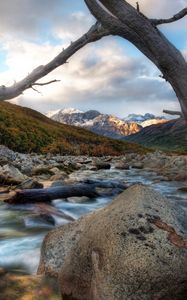 Preview wallpaper river, tree, dead, snag, stones, mountains, clouds, murmur