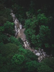 Preview wallpaper river, trees, aerial view, stones, current