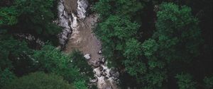Preview wallpaper river, trees, aerial view, stones, current