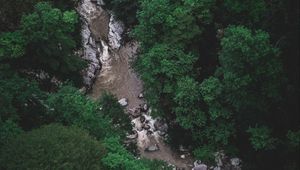 Preview wallpaper river, trees, aerial view, stones, current