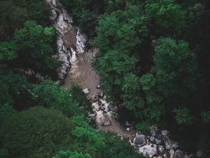 Preview wallpaper river, trees, aerial view, stones, current