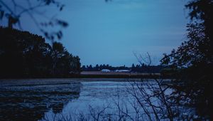 Preview wallpaper river, trees, branches, evening