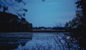 Preview wallpaper river, trees, branches, evening
