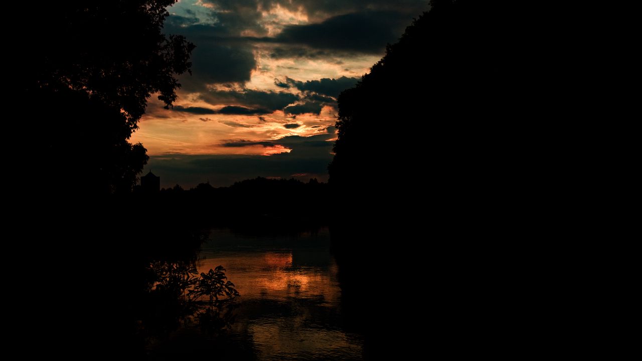 Wallpaper river, trees, branches, silhouettes, twilight