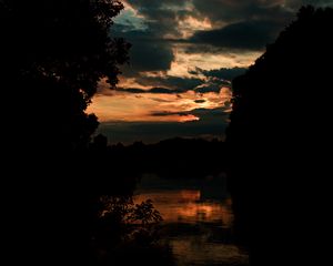 Preview wallpaper river, trees, branches, silhouettes, twilight