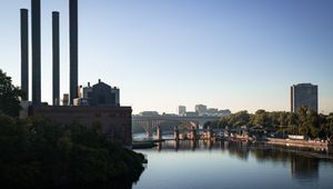 Preview wallpaper river, trees, bridge, buildings, city, mississippi