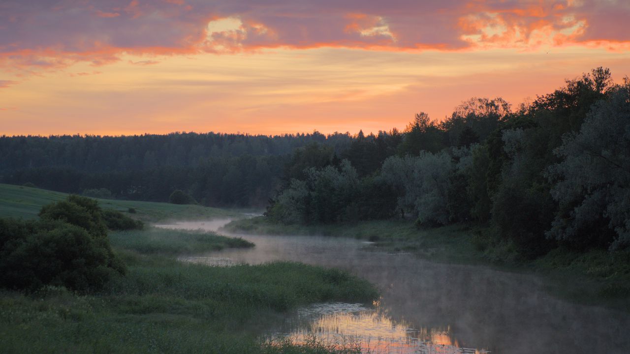 Wallpaper river, trees, clouds, sunset, landscape