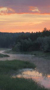 Preview wallpaper river, trees, clouds, sunset, landscape