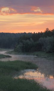 Preview wallpaper river, trees, clouds, sunset, landscape
