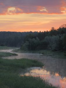 Preview wallpaper river, trees, clouds, sunset, landscape