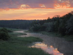 Preview wallpaper river, trees, clouds, sunset, landscape