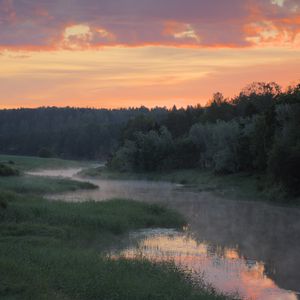 Preview wallpaper river, trees, clouds, sunset, landscape