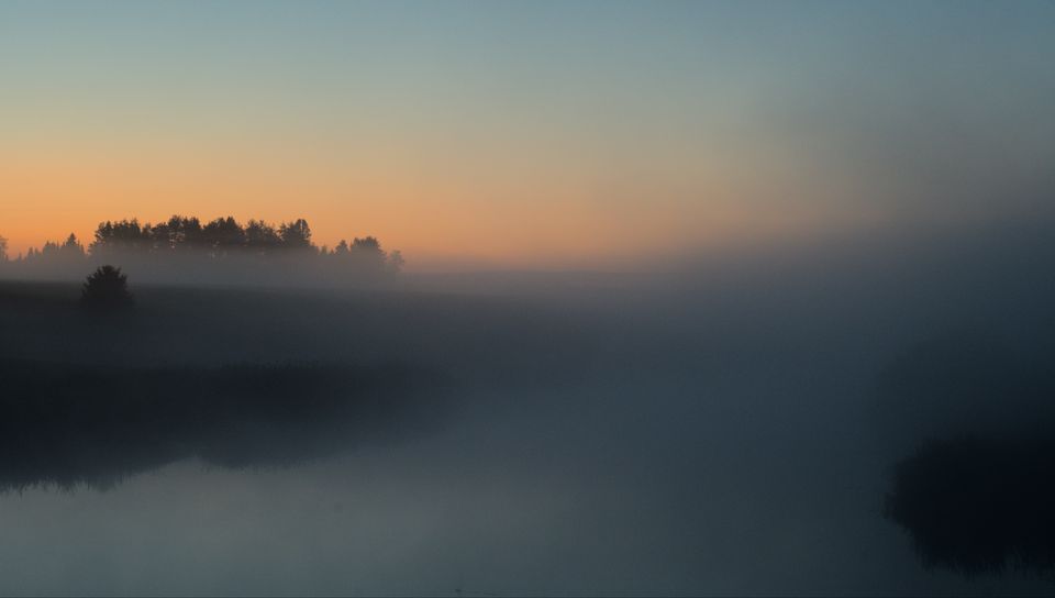 960x544 Wallpaper river, trees, fog, landscape, nature