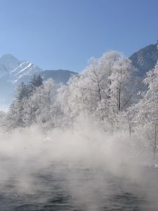 Preview wallpaper river, trees, fog, morning, haze