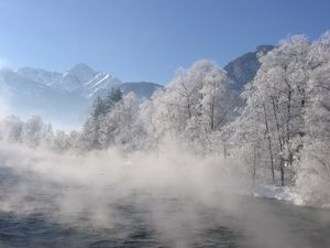 Preview wallpaper river, trees, fog, morning, haze