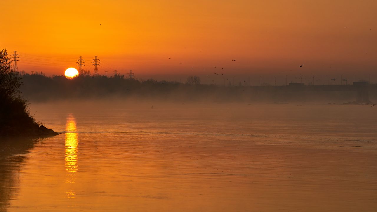 Wallpaper river, trees, fog, evening, landscape