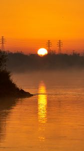 Preview wallpaper river, trees, fog, evening, landscape