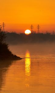 Preview wallpaper river, trees, fog, evening, landscape