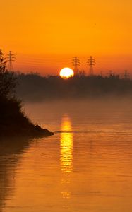 Preview wallpaper river, trees, fog, evening, landscape