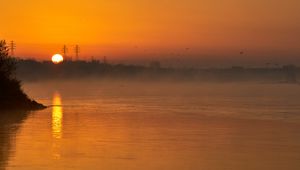 Preview wallpaper river, trees, fog, evening, landscape