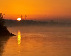 Preview wallpaper river, trees, fog, evening, landscape