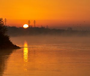 Preview wallpaper river, trees, fog, evening, landscape